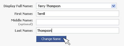 screen shot of a Facebook form, mouse cursor poised to click the 'Change Name' button